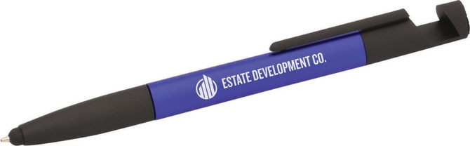 A purple and black 6-in-1 multi pen with a logo on the side.