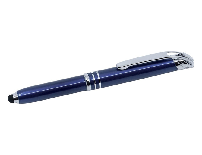 A blue stylus pen with chrome accents, featuring a smooth design and a tapered tip.