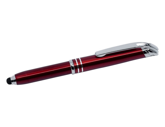 A red stylus pen with chrome accents, featuring a soft tip for touchscreen use and a sleek design.