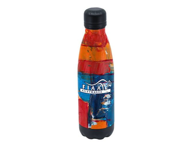 A drink bottle with an abstract design in blue, orange, and red, featuring a logo on the front.