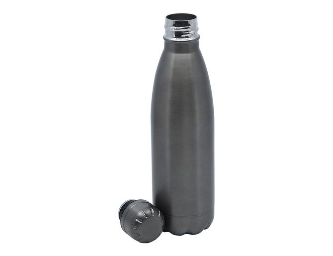 A drink bottle in matte grey with a silver cap, featuring a sleek design and a logo.
