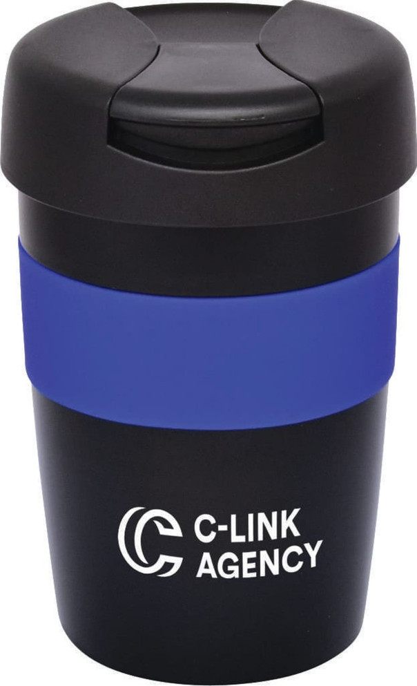 A travel mug with a black body and a blue band, featuring a logo on the front and a secure lid.