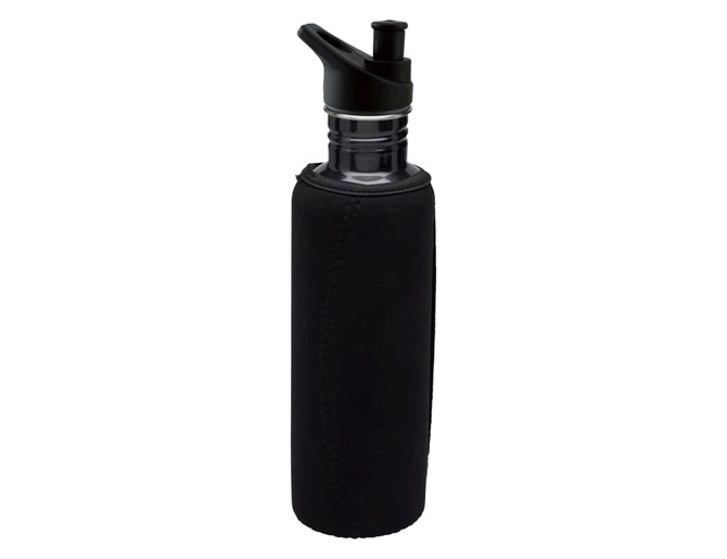 A drink bottle in black stainless steel with a black neoprene sleeve and a drinking spout, featuring a logo.