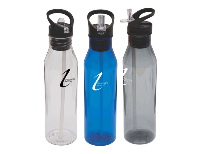 A drink bottle set featuring transparent, blue, and grey options with a black lid and straw, each having a logo.