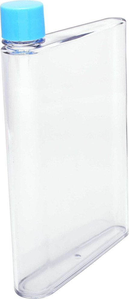 A drink bottle with a clear body and a light blue cap, featuring a sleek, rectangular design and a logo.
