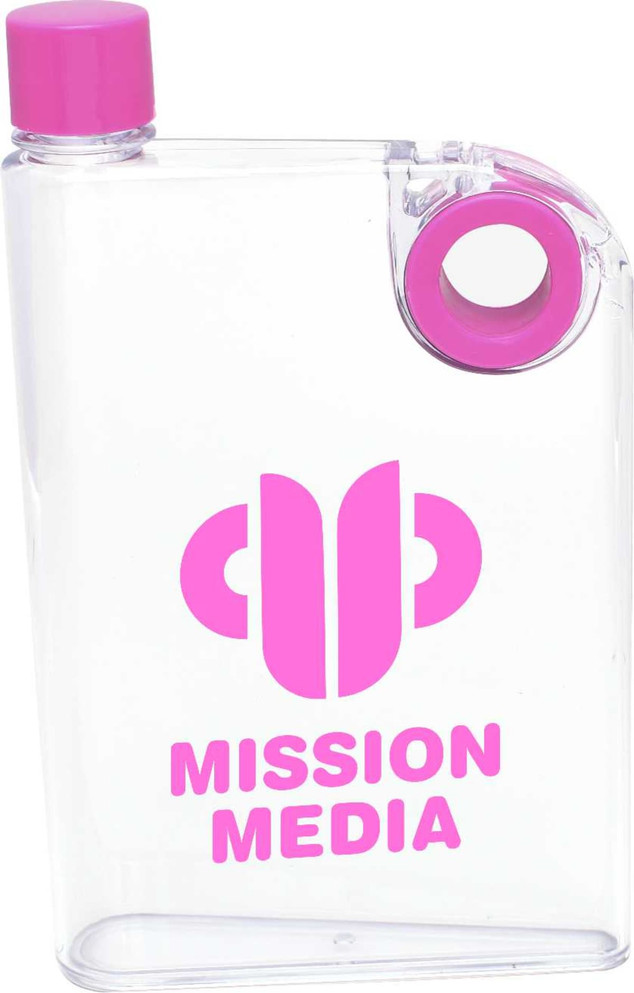 A drink bottle in clear plastic with a pink lid and a top corner opening, featuring a pink logo on the front.