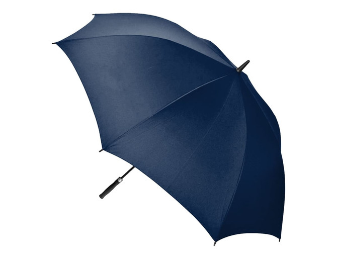 A navy blue auto golf umbrella with a comfortable handle and a logo on the canopy.