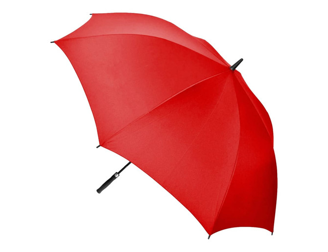 A red auto golf umbrella with a black handle and a simple design. It features a logo on the handle.