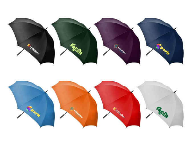 A range of eight golf umbrellas in black, green, purple, blue, orange, and white, each featuring a logo.