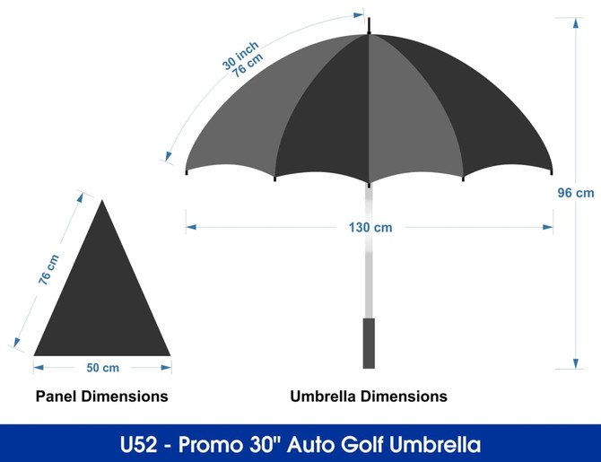 A black and grey auto golf umbrella with dimensions for the panels and umbrella displayed. Features a logo.