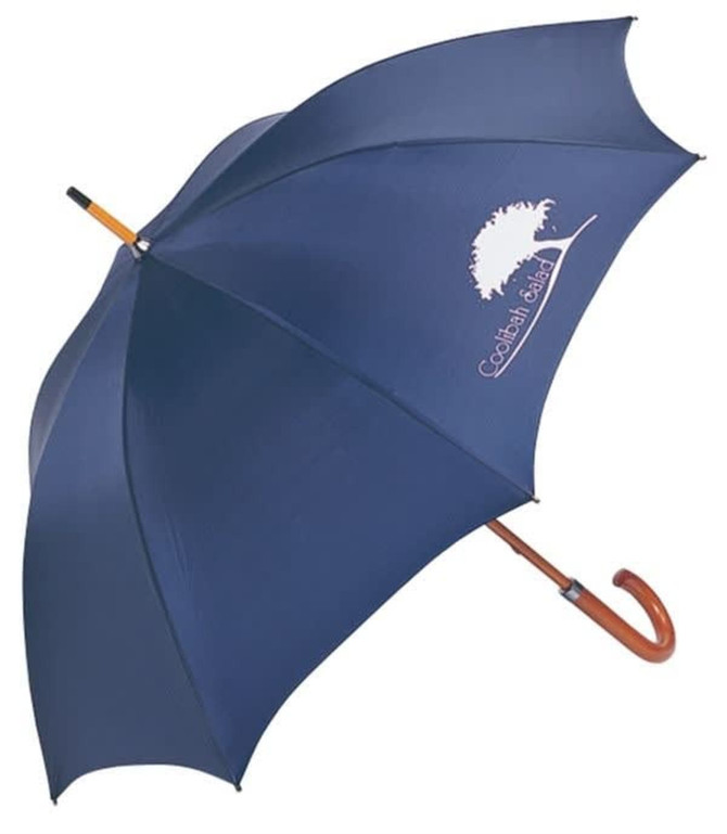 A navy blue umbrella with a wooden handle and a logo. Ideal for leisure and outdoor use.