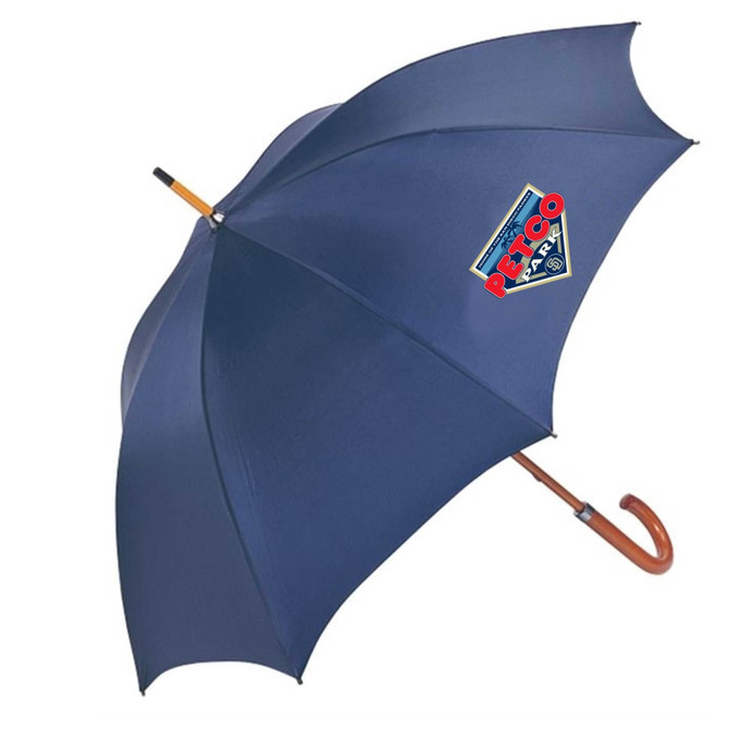 A dark blue umbrella with a wooden handle and a logo on the canopy.