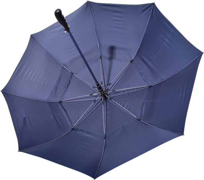 A navy blue auto golf umbrella featuring a sturdy handle and multiple ribs for support, with a logo present.