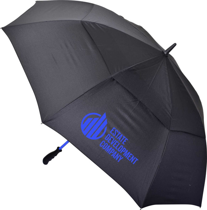 A black golf umbrella with a logo, featuring a wide canopy for protection against the elements.