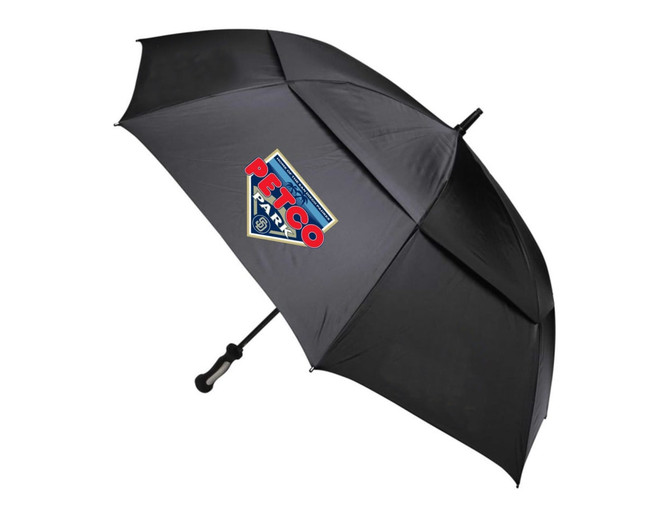 A black auto golf umbrella with a logo on the fabric. It features a curved handle for easy grip.