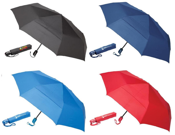 A collection of four umbrellas in black, navy blue, light blue, and red, each with a matching branded sleeve.