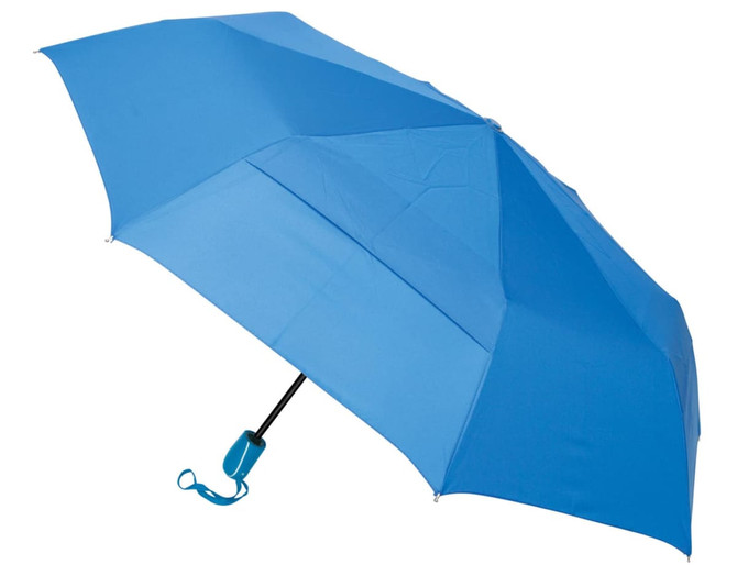 A blue umbrella with an automatic open/close feature and a matching handle. It features a logo on the handle.