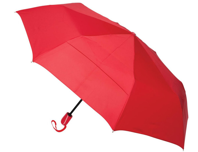 A red auto open/close umbrella featuring a black handle and a small logo.