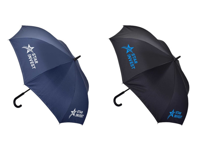 A navy and a black umbrella are displayed, both featuring curved handles and a branded logo.