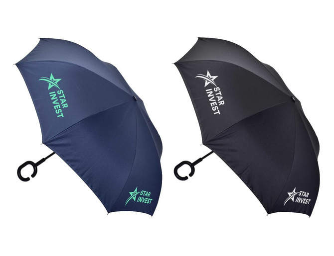 A navy and black inverter umbrella with a C handle, featuring branding on both canopies.