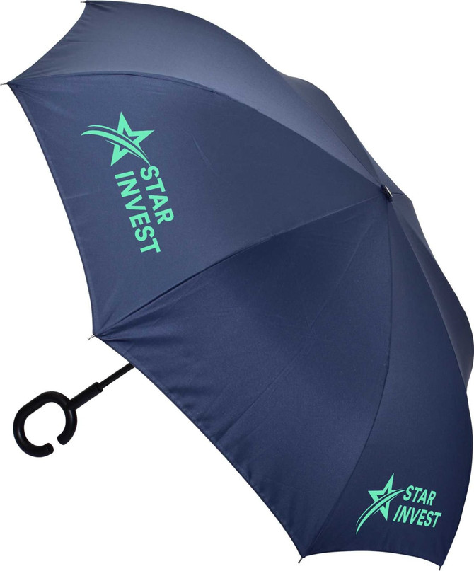 A navy umbrella with a C-shaped handle and a logo on the canopy.