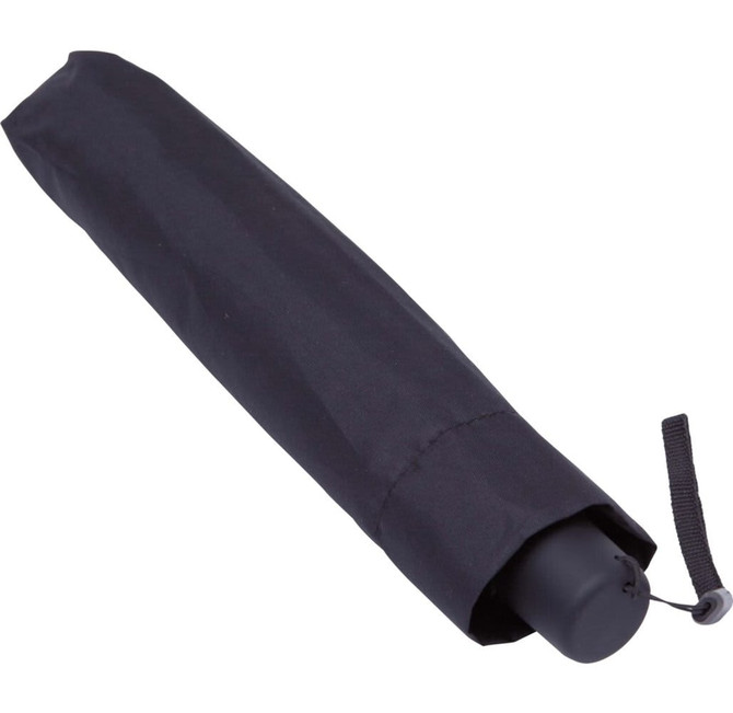 A black compact umbrella folded in a protective sleeve, featuring a toggle for easy carrying.
