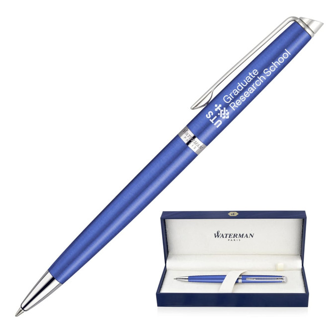 A metallic ballpoint pen in bright blue with a silver clip, presented in a black and silver box.
