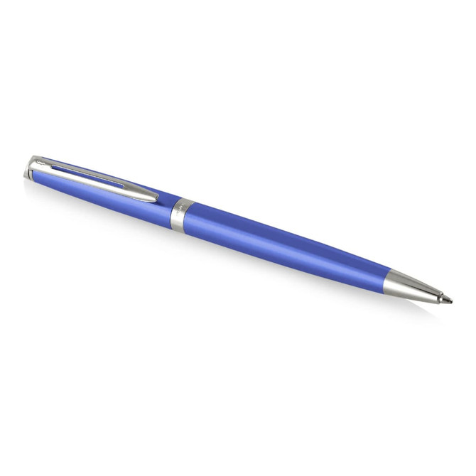 A metal ballpoint pen in bright blue with silver accents, featuring a branded logo.