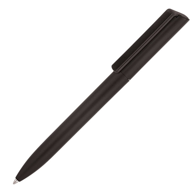 A minimalist matte black ballpoint pen featuring a sleek design and clip for easy attachment.