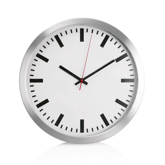A round wall clock in aluminium with a white face, black hour markers, and red second hand.