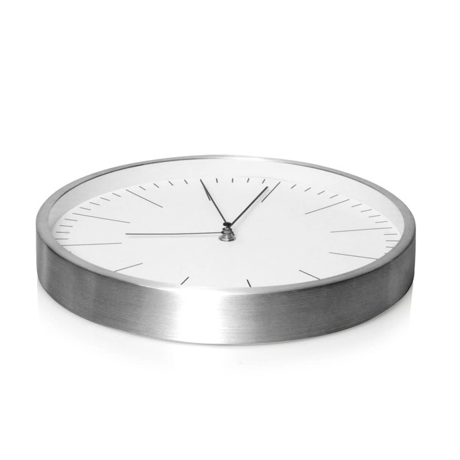 A wall clock featuring a sleek aluminium frame and a white face with minimalist hour markers and hands.