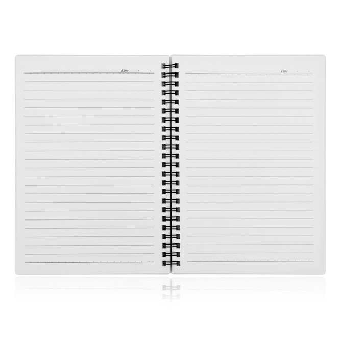 An A5 spiral-bound notebook featuring lined pages, a white cover, and a black spiral binding.