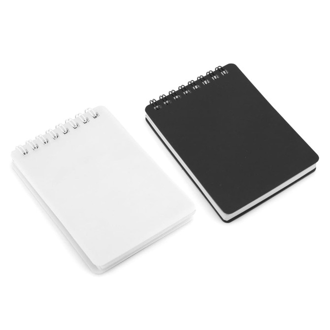 A spiral-bound notepad set in white and black, featuring multiple sheets and a sleek design.