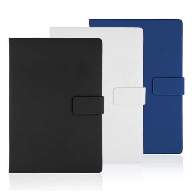 A notebook journal set featuring A5-sized notebooks in black, white, and navy blue with magnetic closures.