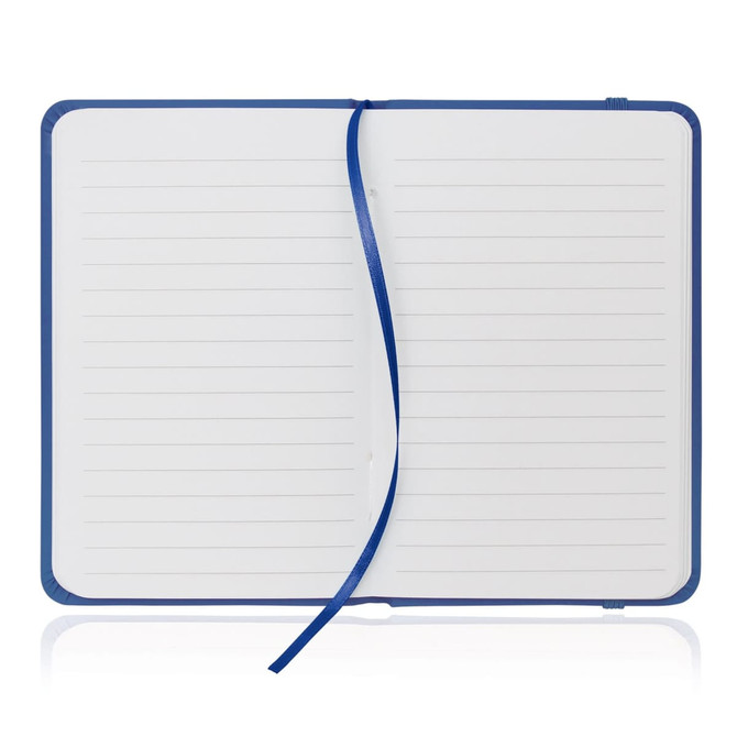 A notebook journal with a leather-like appearance, featuring a blue cover and lined pages inside.
