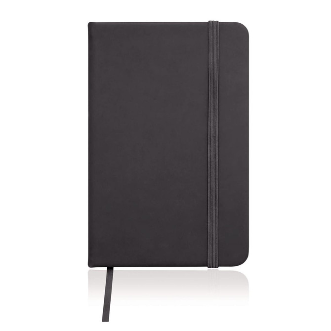 A black A6 leather-look notebook journal with an elastic band and ribbon marker, featuring a logo.