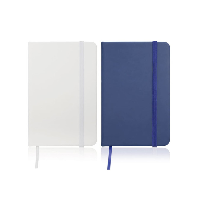 ANotebook Journal A6 in white and navy leather look, featuring elastic closures and ribbon markers.