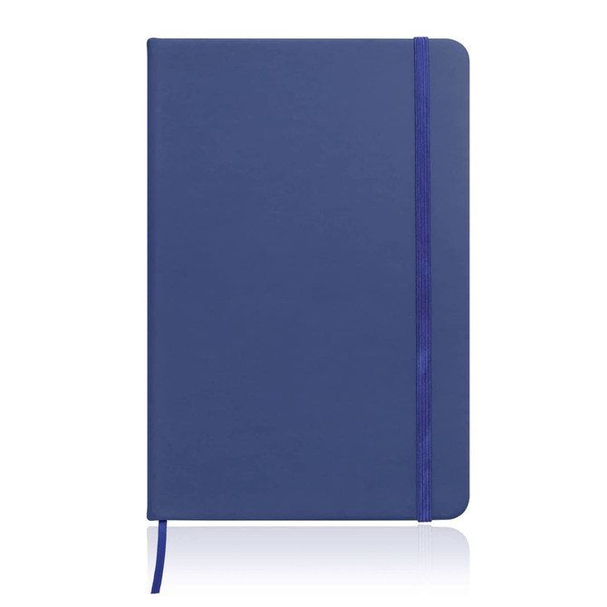 A navy blue A5 notebook journal with a leather look finish and an elastic closure. It features a simple logo.