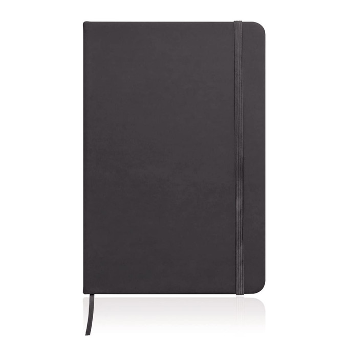 A black A5 notebook journal with a leather-look cover and an elastic band closure.