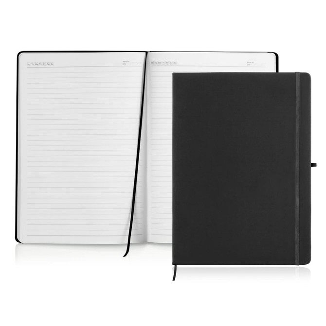 A black A4 notebook journal with a leather look, featuring lined pages and a bookmark ribbon. It has a logo on the cover.