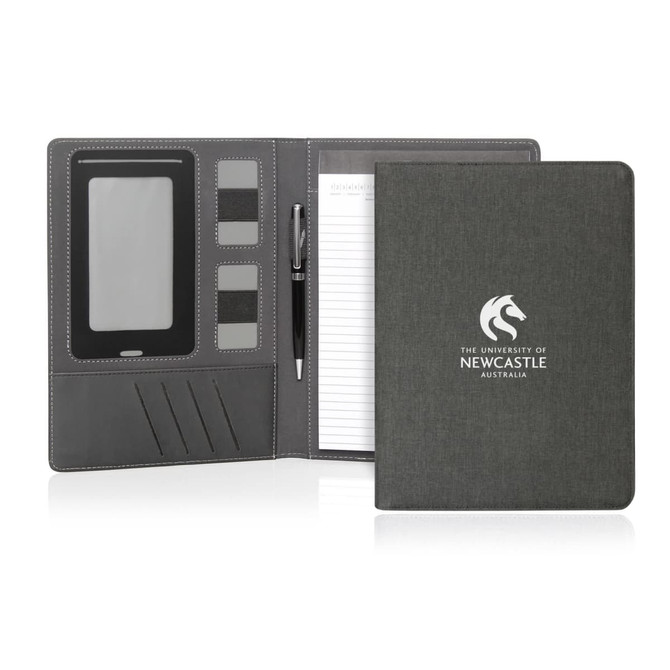 An A5 executive folder in dark grey with a pen, notepad, and multiple card slots. Features a logo.