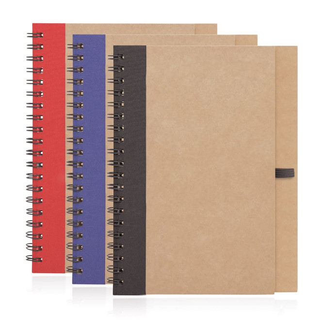 A set of three spiral-bound notebooks in red, blue, and black, featuring recycled paper covers. Each has a logo.