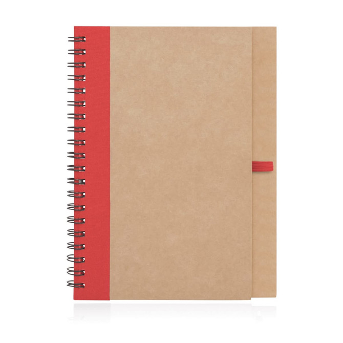 A spiral-bound notebook with recycled paper, featuring a brown cover and a red accent strip. It has a logo on the front.