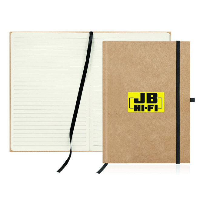 A recycled paper journal in a brown cover with a black elastic band and ribbon marker, featuring a logo on the front.