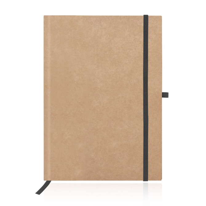 A tan-coloured eco notebook made from recycled paper, featuring a black elastic closure and bookmark ribbon.