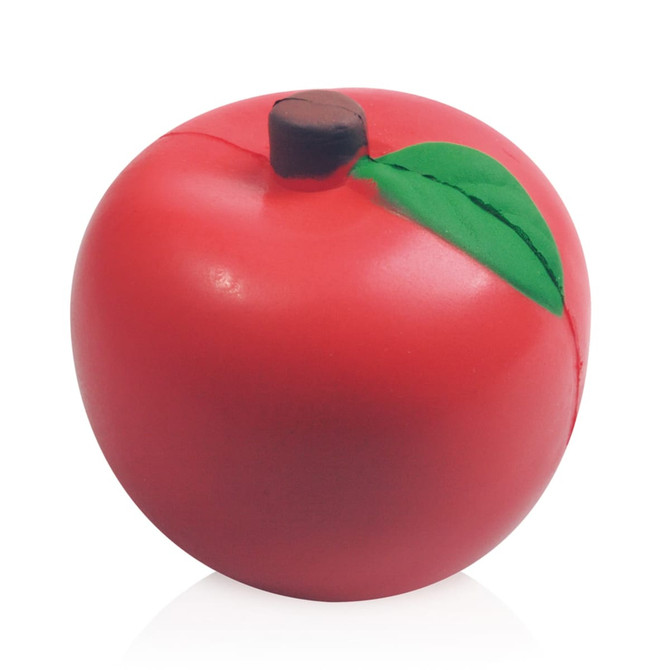 A red stress ball shaped like an apple with a green leaf and a brown stem. The product features a simple design.