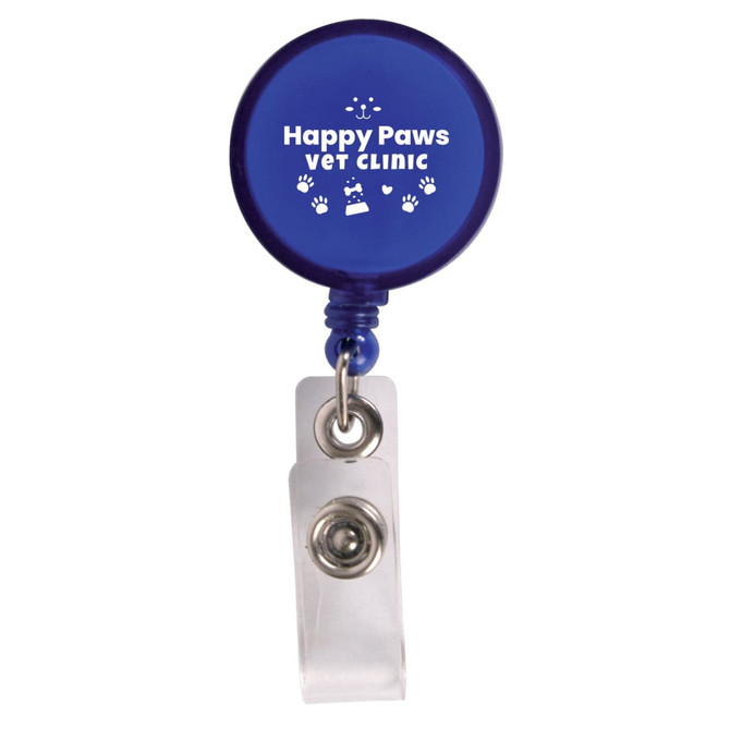A retractable name badge holder in blue with the text "Happy Paws VET CLINIC" and paw print designs.