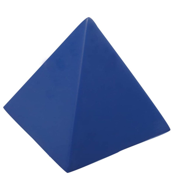 A blue pyramid-shaped stress relief toy made of soft material, featuring a smooth finish and a branding logo.
