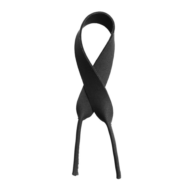 A black neoprene sunglasses strap with a sleek, curved design. It features a simple, minimalist style and has a logo.