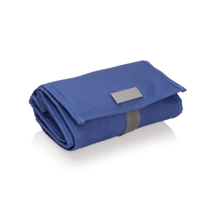 A drink bottle cooler in navy blue, featuring a foldable design and a grey strap closure, with a branded logo.